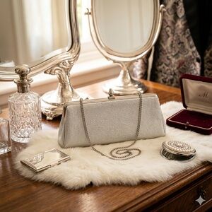 Vintage Shiny Metallic Silver Clutch Purse With Short Chain Strap 1960’s